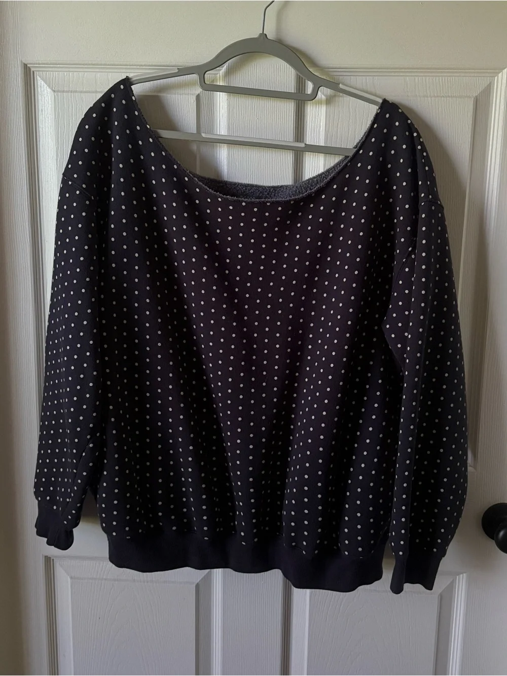 Navy Polka Dot Off the Shoulder Top - Picture 2 of 4